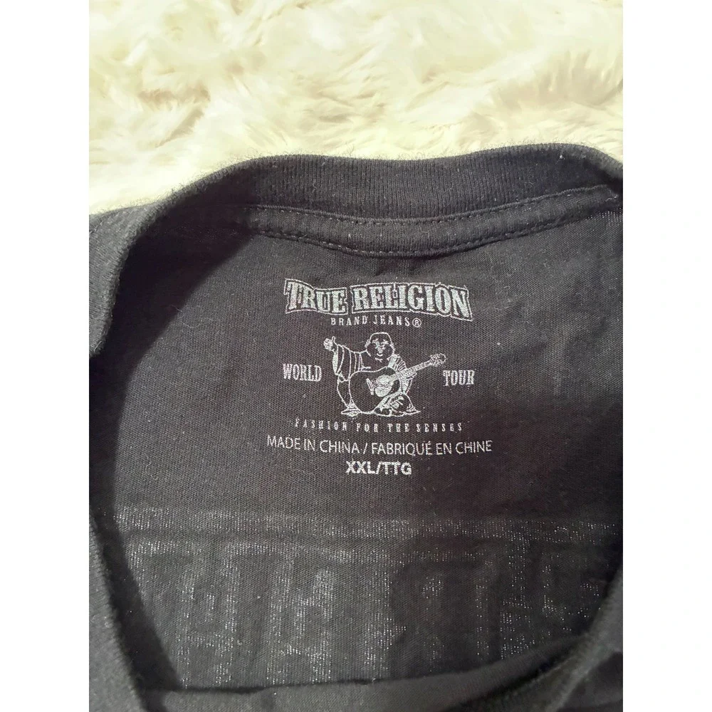 True Religion Mens XXL Black Graphic T-Shirt World Tour Buddha Logo Tee